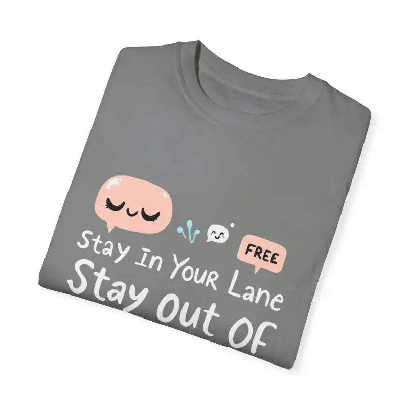 Folded gray t-shirt from Stay Out Of My Business with cartoon graphics design