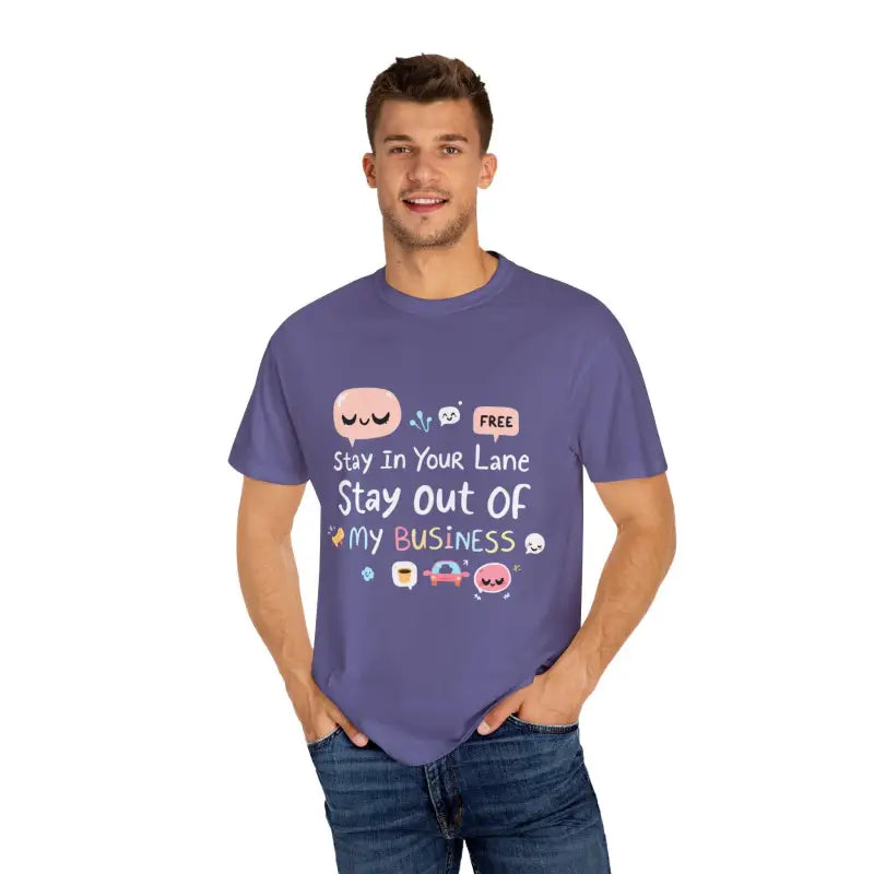 Purple graphic tee featuring Stay Out Of My Business cartoon graphics for unisex wear