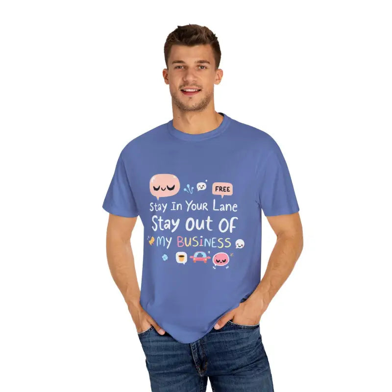 Blue Stay Out Of My Business Unisex T-shirt with Cartoon Graphic Design