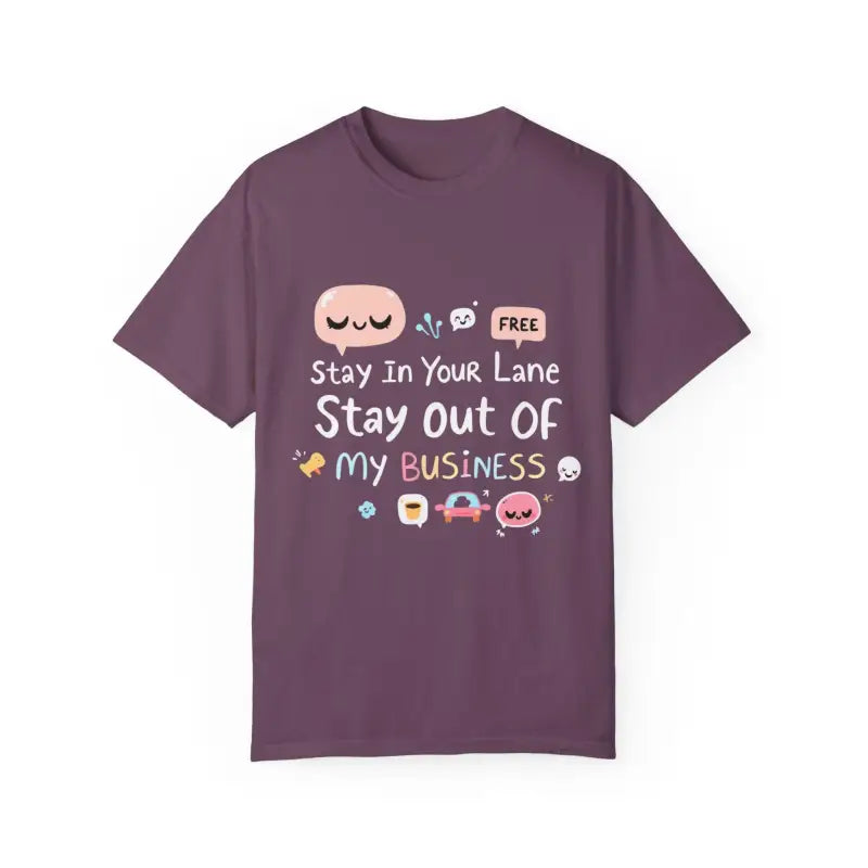 Purple t-shirt featuring cartoon graphics from Stay Out Of My Business collection