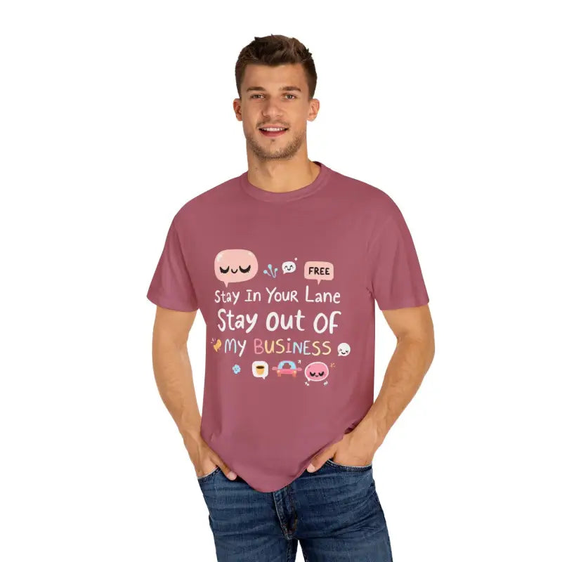 Mauve unisex garment dyed t-shirt featuring cartoon graphics, Stay Out Of My Business design