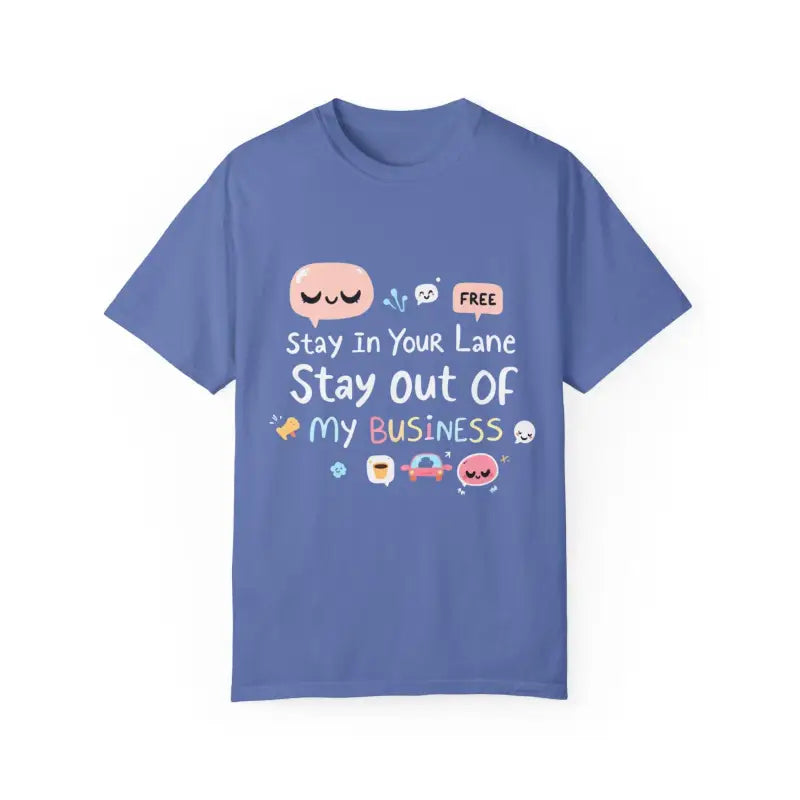Blue t-shirt with cartoon graphics from Stay Out Of My Business unisex collection