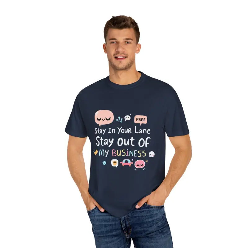 Navy t-shirt featuring cartoon graphic design from Stay Out Of My Business collection