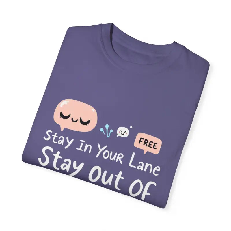 Folded purple t-shirt from Stay Out Of My Business garment dyed collection