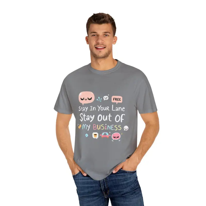Gray graphic tee featuring Stay Out Of My Business design with cartoon graphics