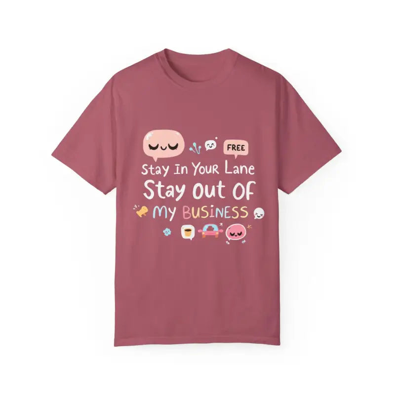 Mauve unisex garment dyed t-shirt featuring vibrant cartoon graphics, Stay Out Of My Business