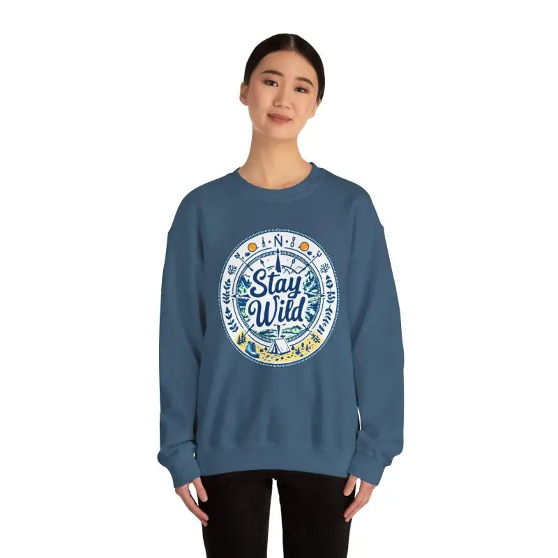 Blue sweatshirt featuring Stay Wild design for outdoor enthusiasts and nature lovers