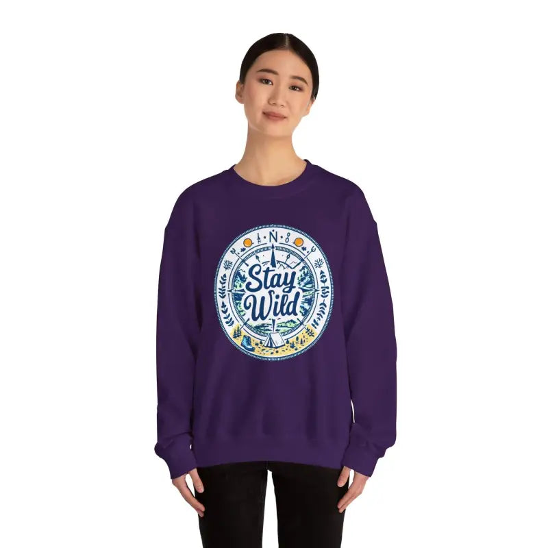 Purple Stay Wild sweatshirt from Stay Wild Nature Explorer collection for outdoor lovers