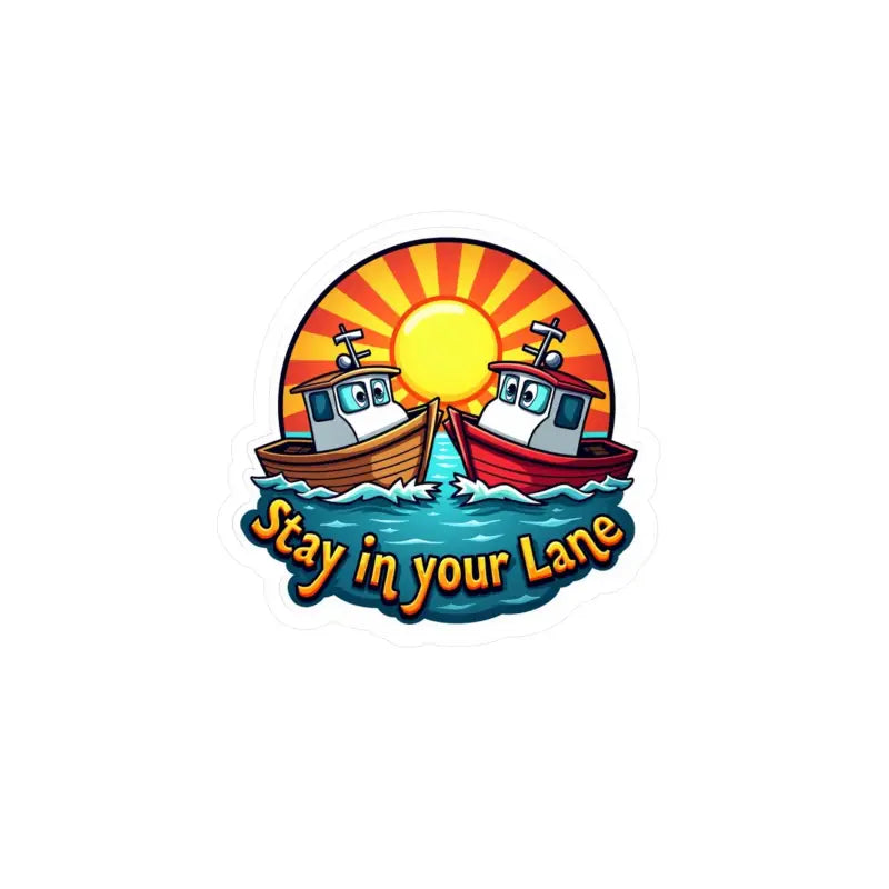 Cartoon boats with sun and Stay in your Lane text on Stay Your Lane Tugboat Decal