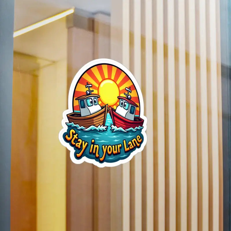 Stay Your Lane Tugboat Decal featuring two boats and a sun design for vehicles