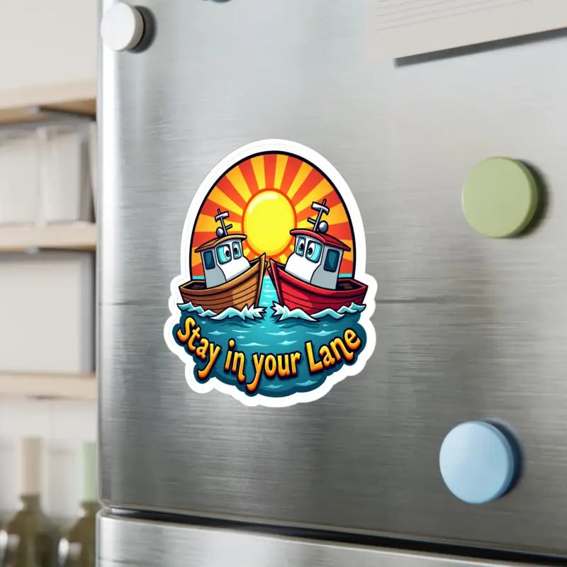 Cartoonish Stay in Your Lane sticker for boats and cars, featuring a tugboat design