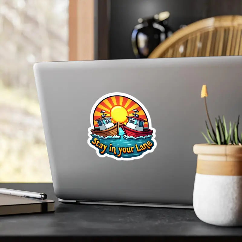 Stay Your Lane Tugboat Decal featuring boats and sun design for laptops and vehicles
