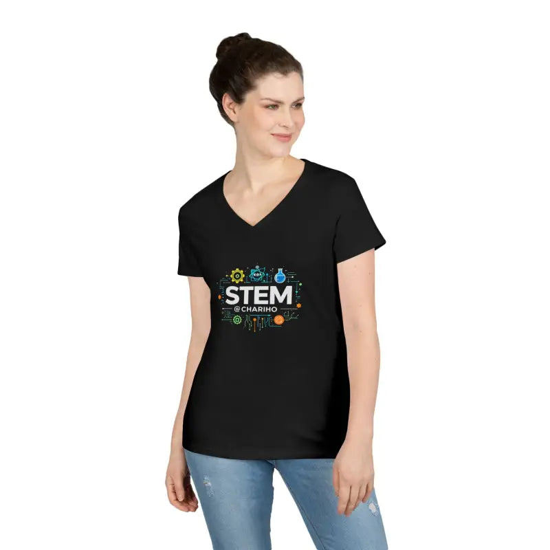 Black V-neck T-shirt from STEM Charm, designed for science-inspired style in women’s fashion