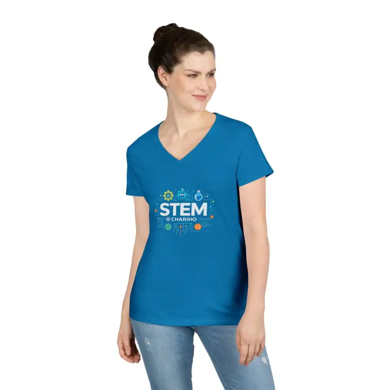 Blue STEM-themed v-neck t-shirt for women featuring science-inspired design