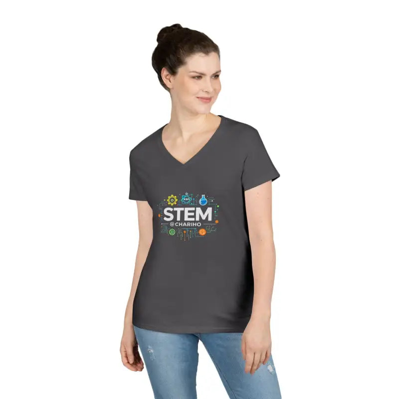Gray V-neck STEM t-shirt for women with science-inspired design and style