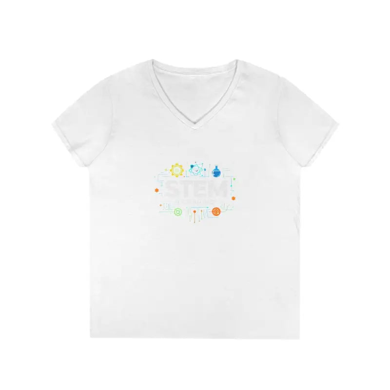 White V-neck t-shirt from STEM Charm, featuring a science-inspired design for women
