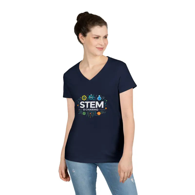 Navy blue STEM-themed v-neck t-shirt for women in stylish science-inspired design