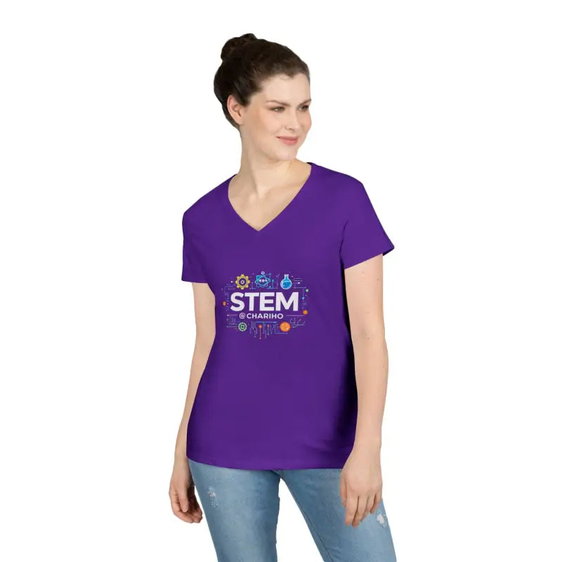 Purple v-neck t-shirt from STEM Charm Ladies, showcasing science-inspired style