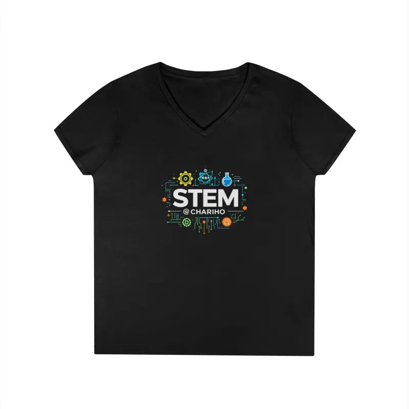 Black V-neck t-shirt from STEM Charm, showcasing science-inspired style for women