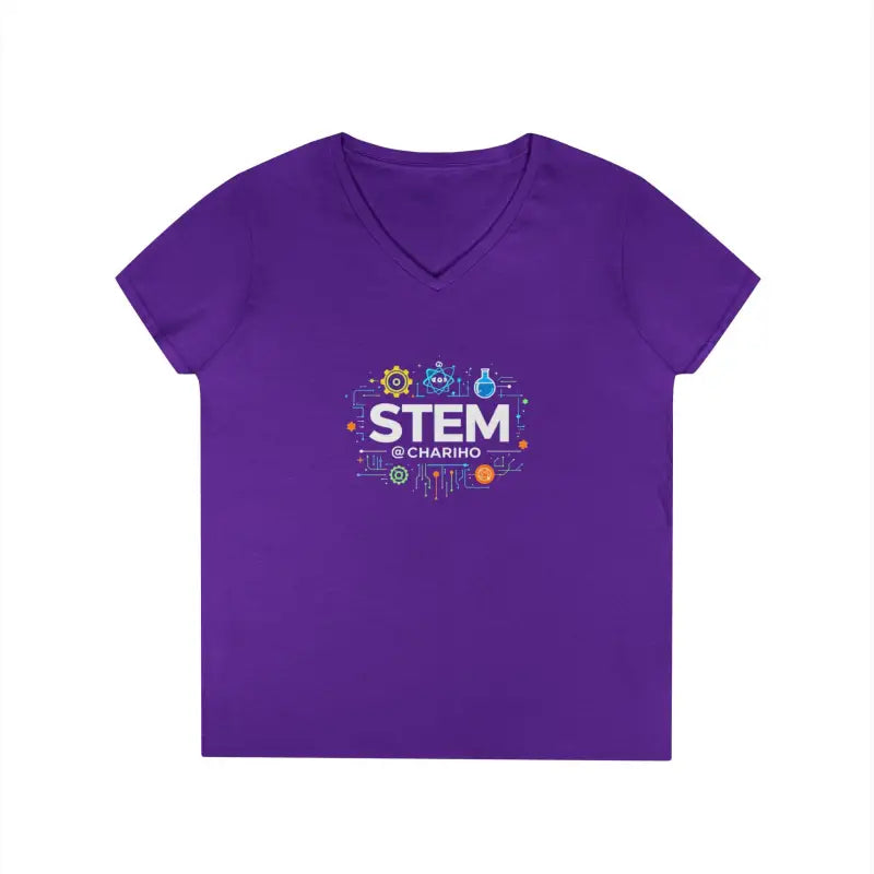 Purple v-neck t-shirt from STEM Charm Ladies’ collection featuring science-inspired design