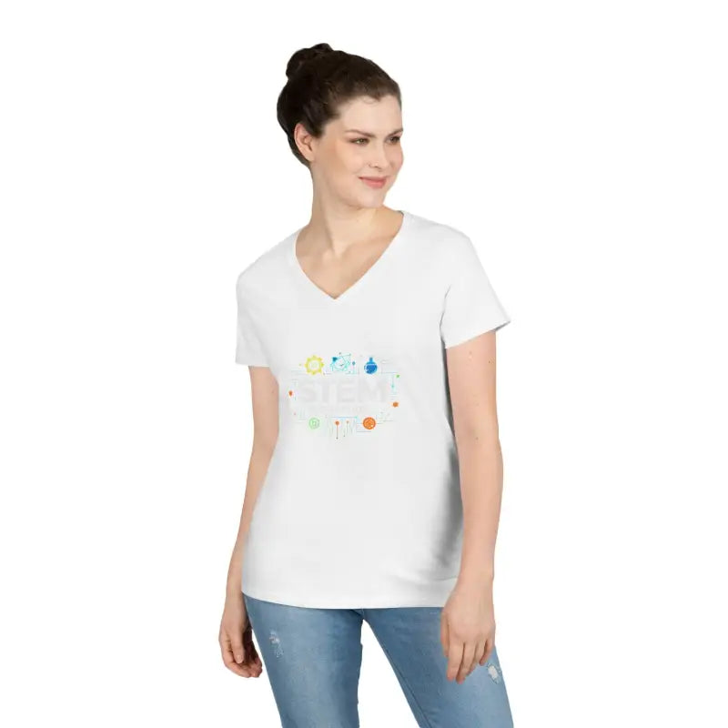 White V-neck t-shirt from STEM Charm, featuring a science-inspired design for women