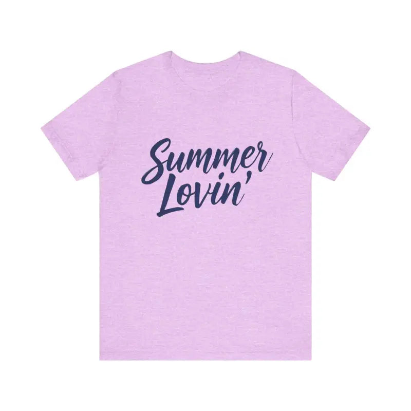 Lavender unisex jersey tee featuring Summer Lovin text in Beige Peach Aqua design