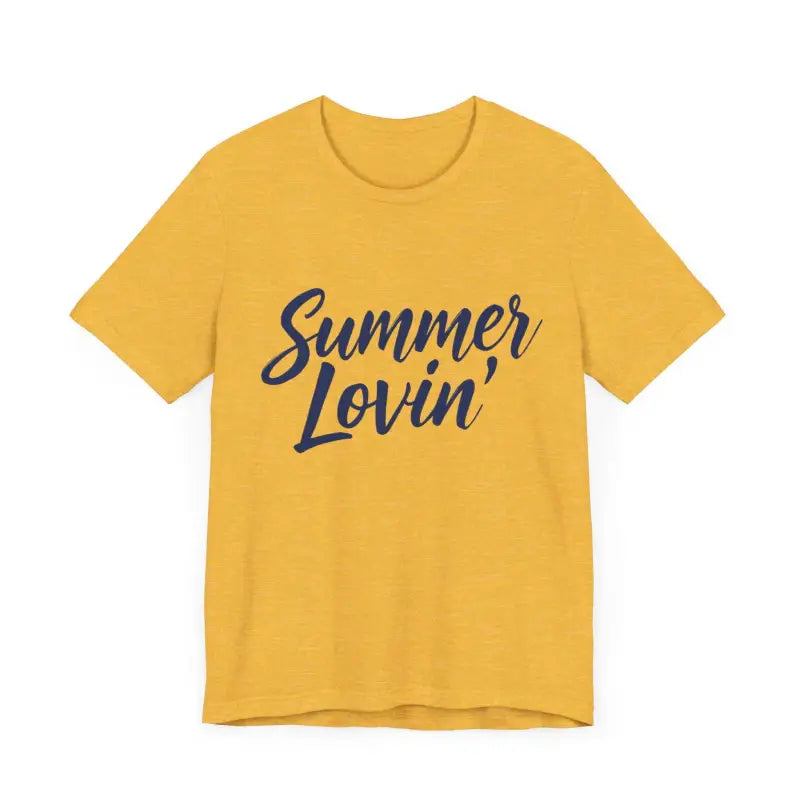 Yellow Summer Lovin unisex jersey tee in beige peach aqua displayed on a model