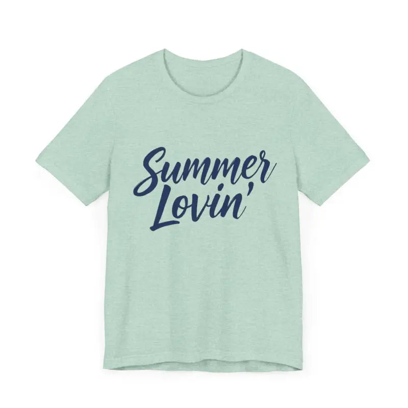 Light green Summer Lovin Unisex Jersey Tee in Beige Peach Aqua displayed on a hanger