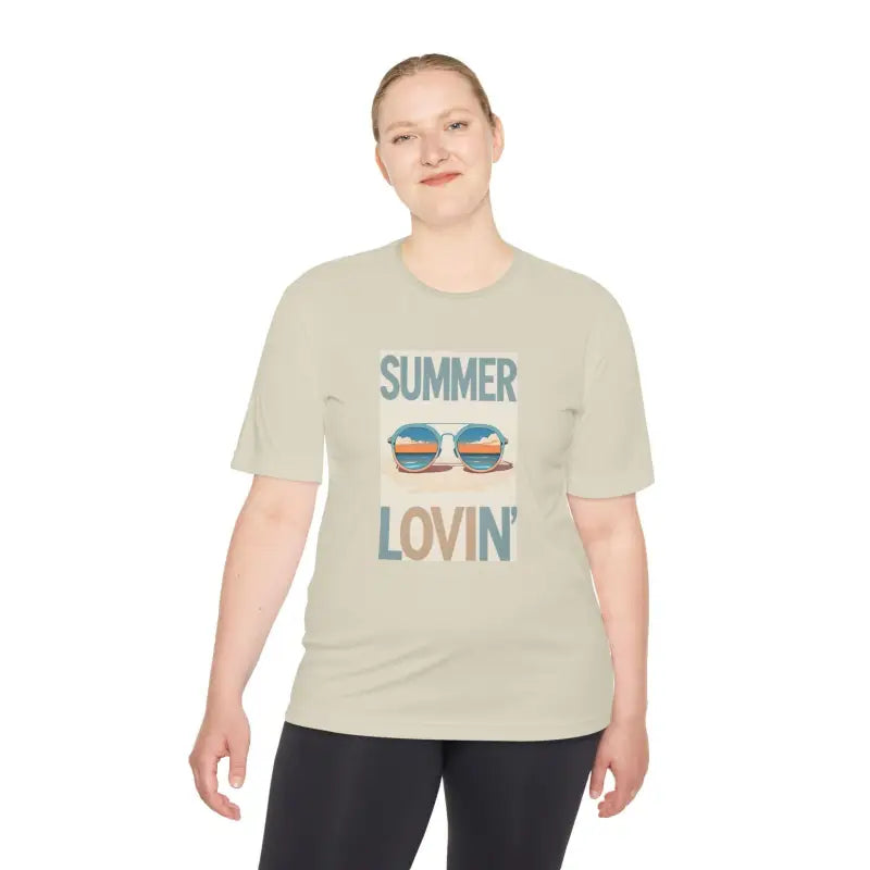 Beige Summer Lovin Unisex Moisture Wicking Tee featuring vibrant graphic design