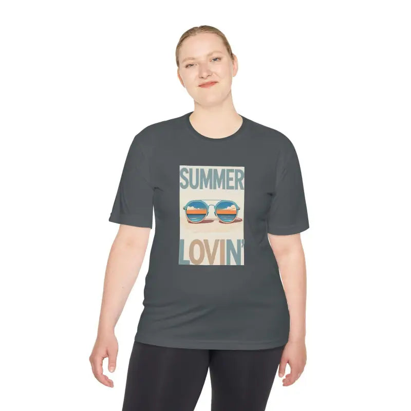 Gray Summer Lovin Unisex Moisture Wicking Tee featuring vibrant graphic design