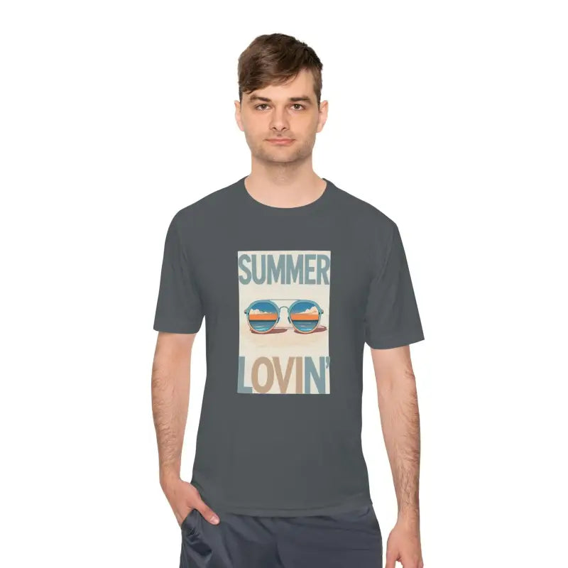 Gray Summer Lovin Unisex Moisture Wicking Tee featuring a vibrant summer design