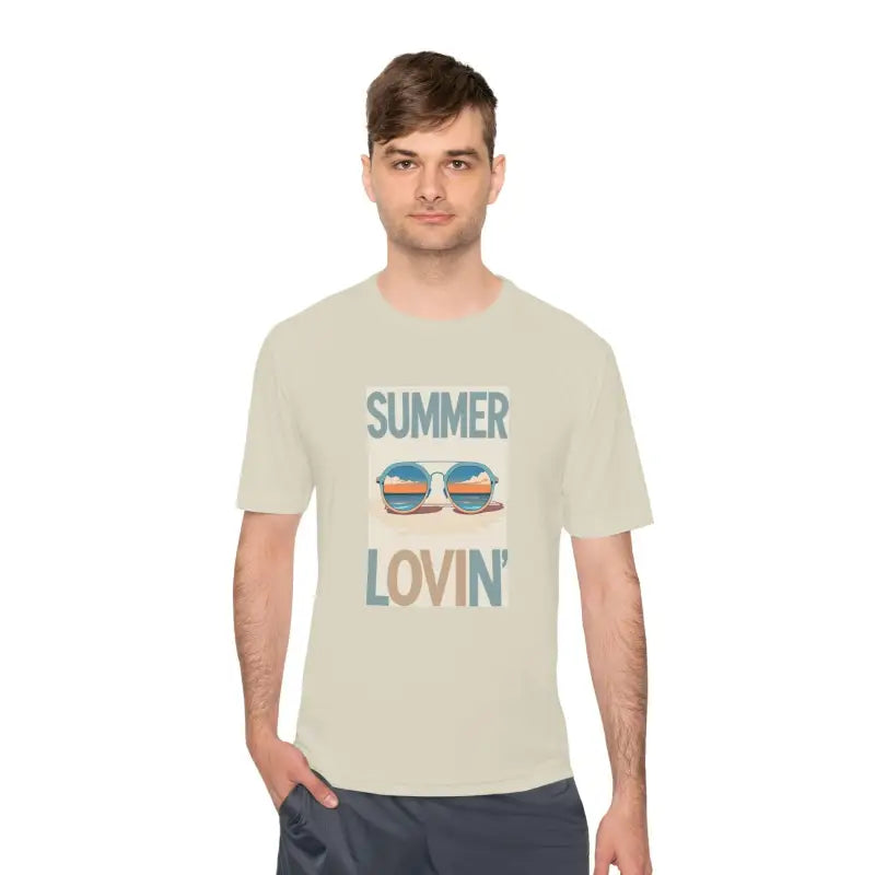 Man wearing Summer Lovin Unisex Moisture Wicking Tee, ideal for warm weather activities