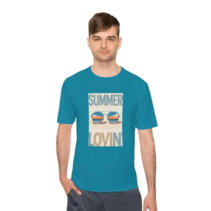 Man wearing a blue Summer Lovin Unisex Moisture Wicking Tee for summer activities