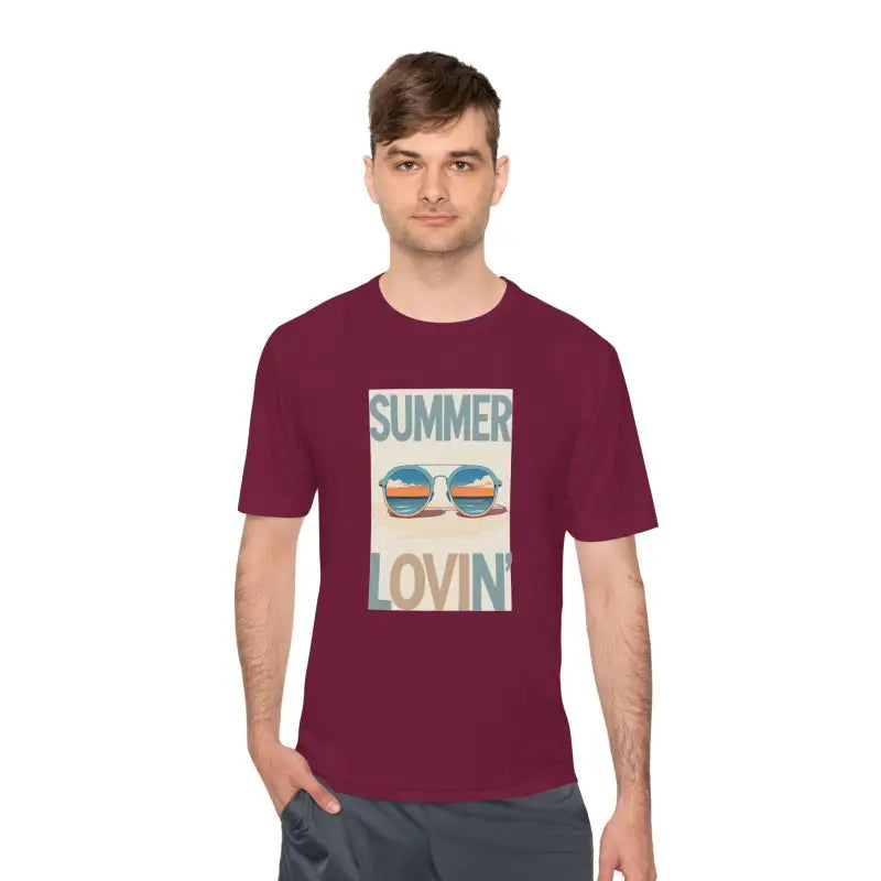 Maroon Summer Lovin graphic on Summer Lovin Unisex Moisture Wicking Tee