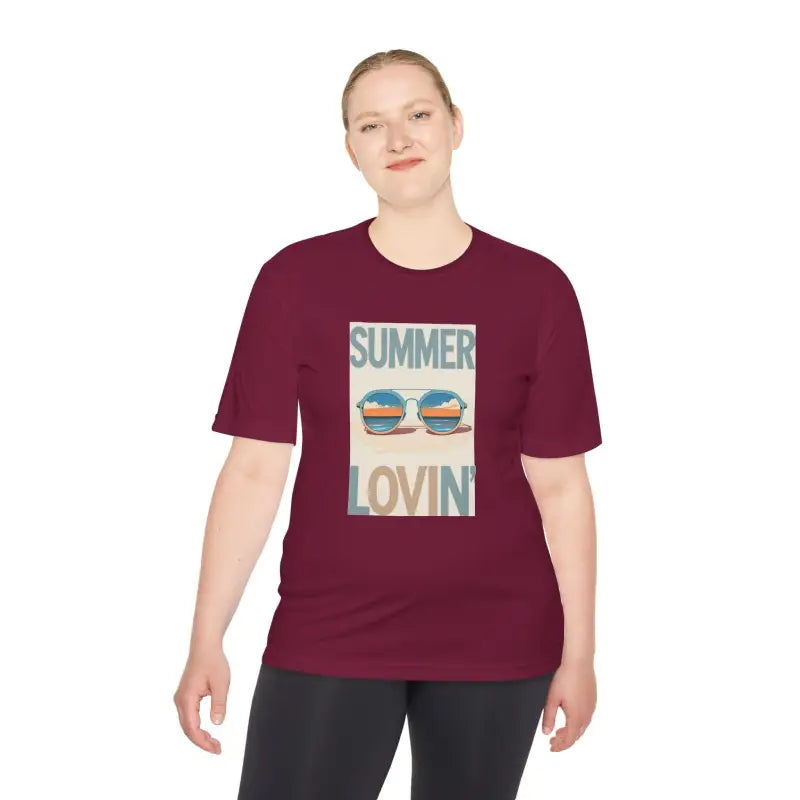 Maroon Summer Lovin Unisex Moisture Wicking Tee for stylish comfort in warm weather