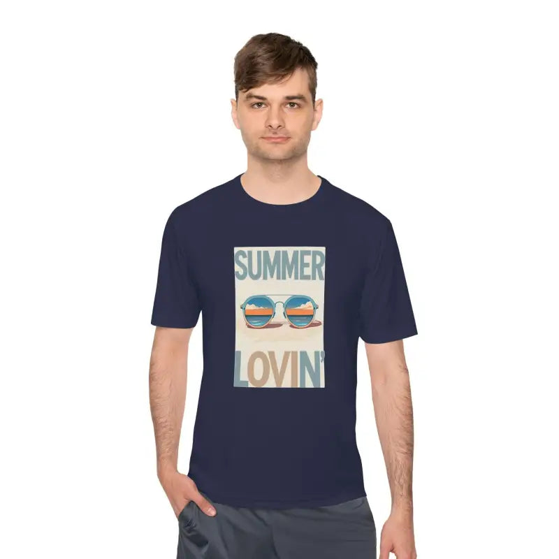 Navy blue t-shirt featuring Summer Lovin graphic from Summer Lovin Unisex Tee collection