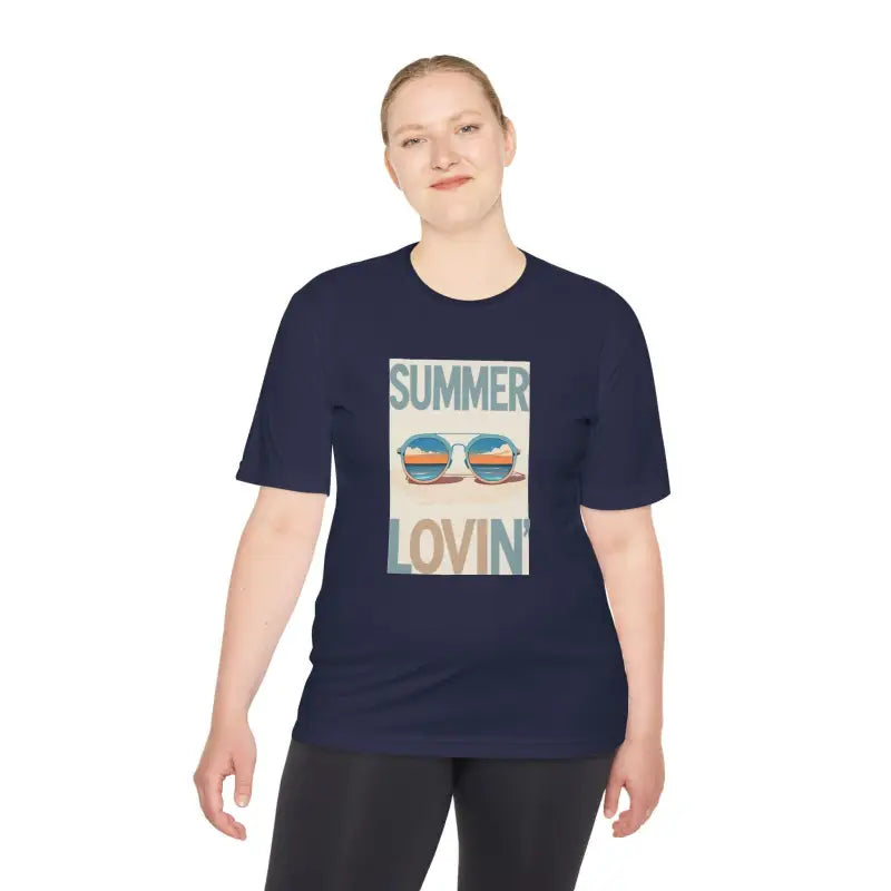 Navy blue Summer Lovin Unisex Moisture Wicking Tee with vibrant graphic design