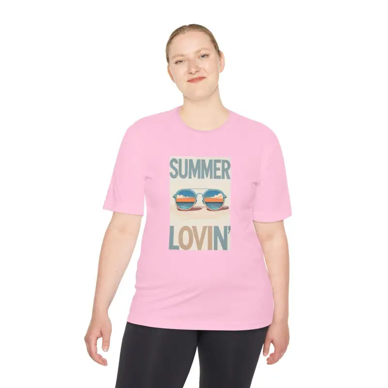Pink Summer Lovin graphic t-shirt from the Summer Lovin Unisex Moisture Wicking Tee collection