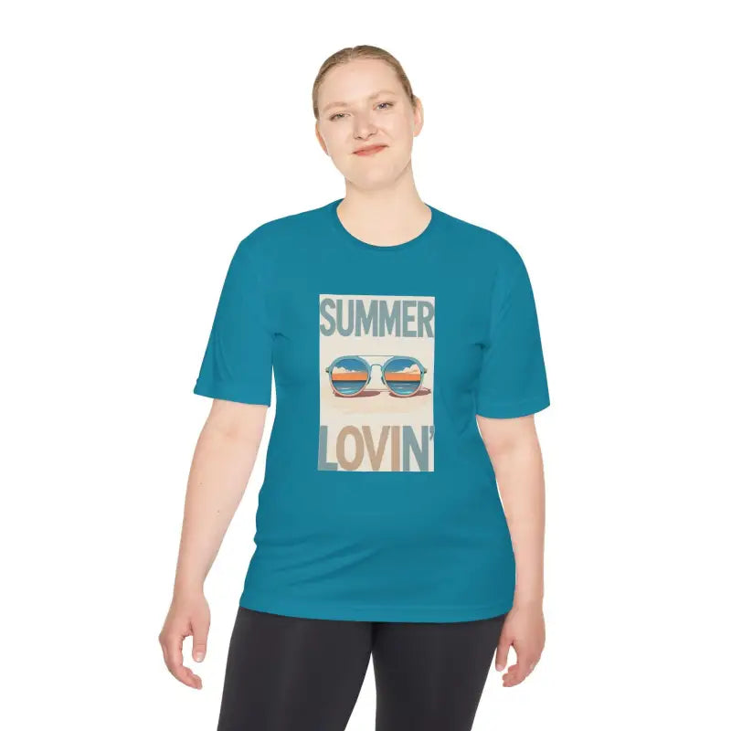 Teal Summer Lovin Unisex Moisture Wicking Tee featuring sunglasses graphic design
