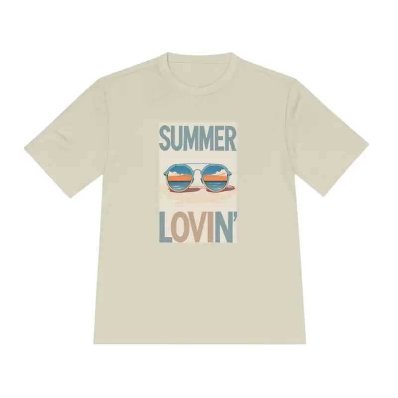Beige Summer Lovin Unisex Moisture Wicking Tee featuring summer-themed graphic design