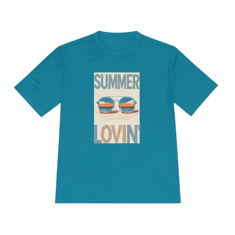 Teal Summer Lovin Unisex Moisture Wicking Tee with vibrant summer-themed graphic