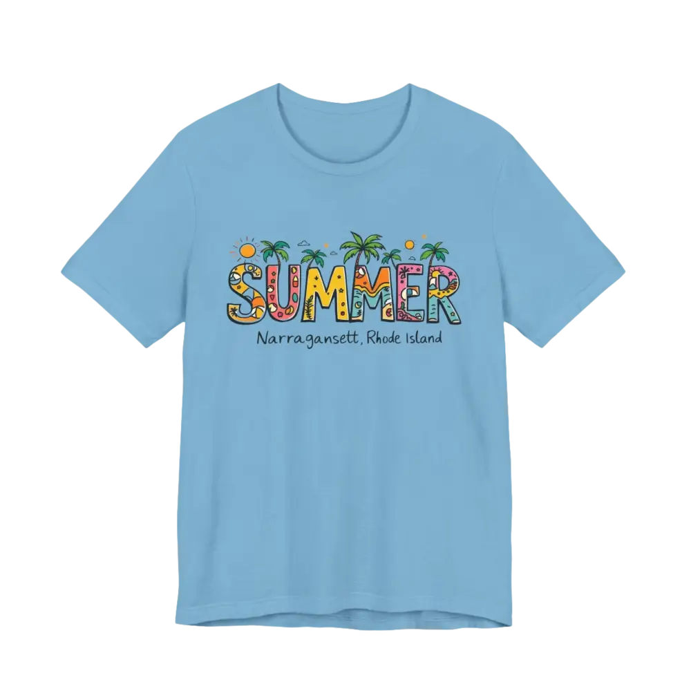 Light blue t-shirt featuring Summer Narragansett Rhode Island design from collection