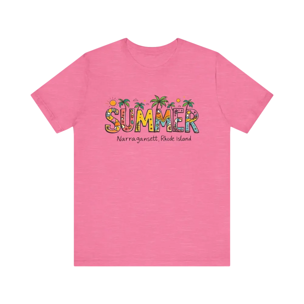 Pink t-shirt featuring Summer Narragansett Rhode Island design from the collection