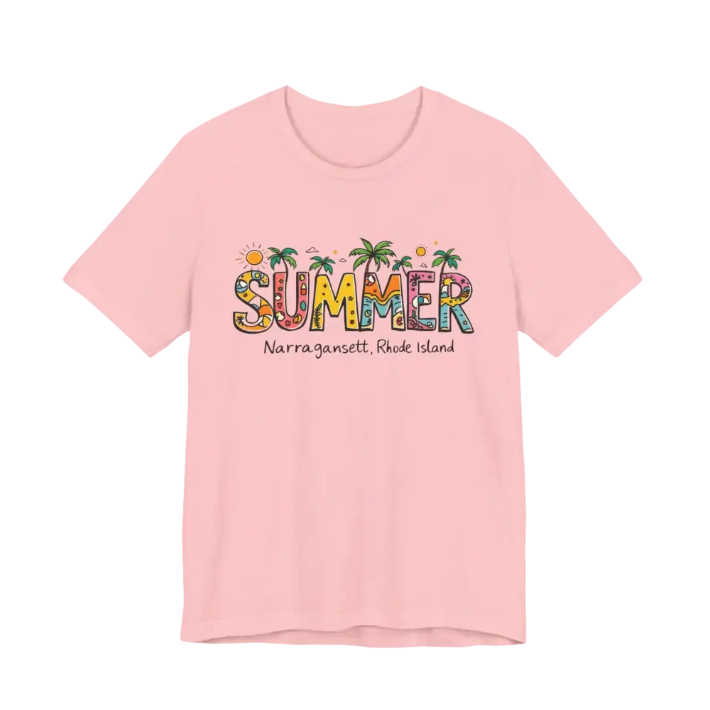 Pink t-shirt featuring Summer graphic from the Summer Narragansett Rhode Island T Shirt Collection