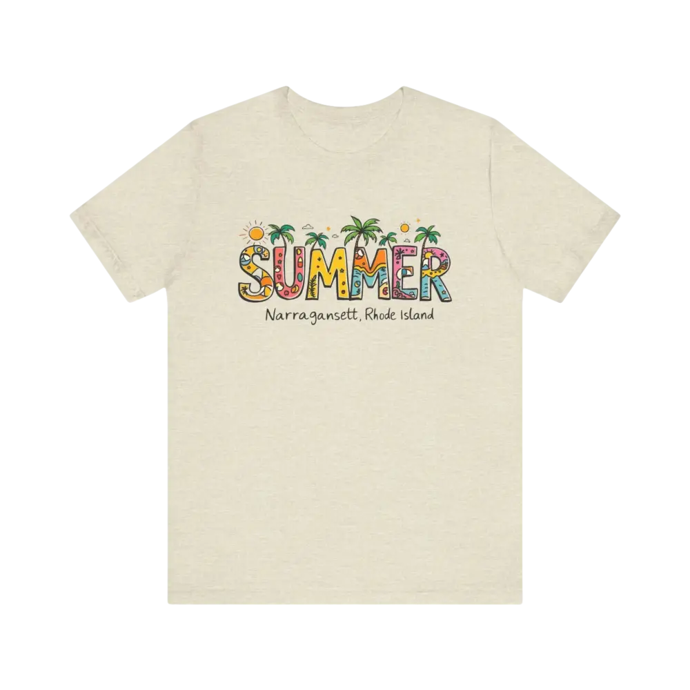 Beige t-shirt featuring Summer Narragansett Rhode Island design in T Shirt Collection