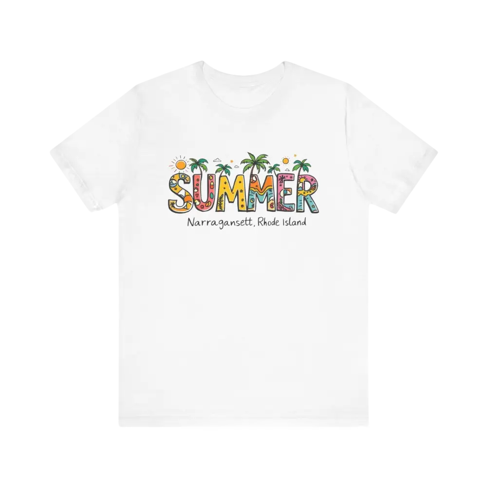 White t-shirt featuring Summer Narragansett Rhode Island design from the collection