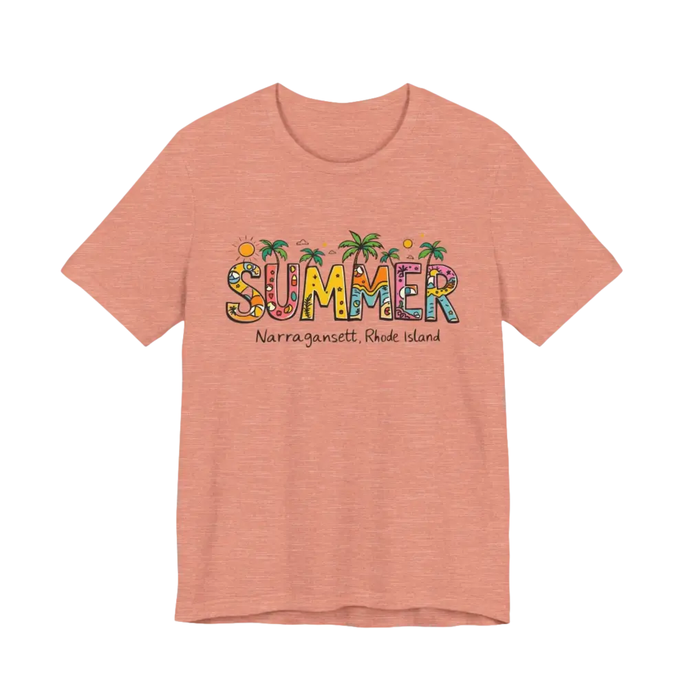 Peach-colored T-shirt featuring Summer Narragansett Rhode Island design in collection