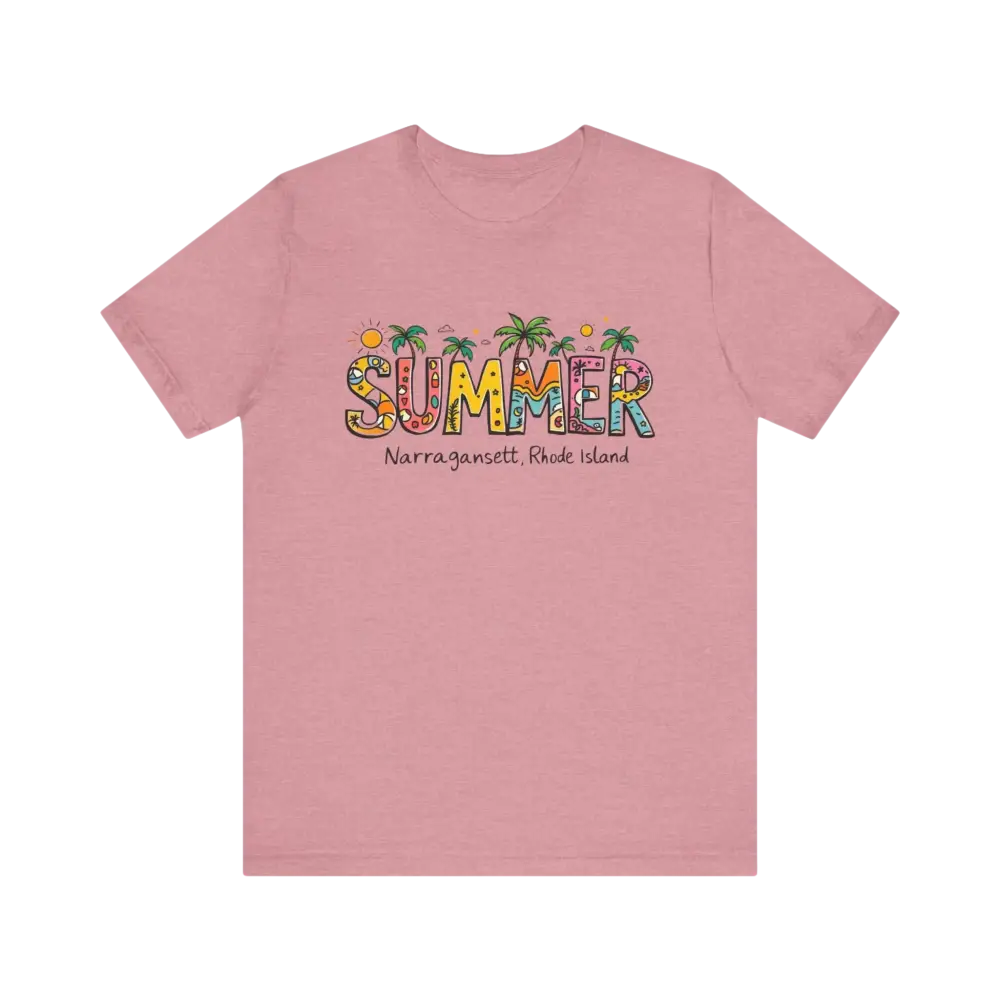 Pink T-shirt featuring summer design from the Summer Narragansett Rhode Island Collection