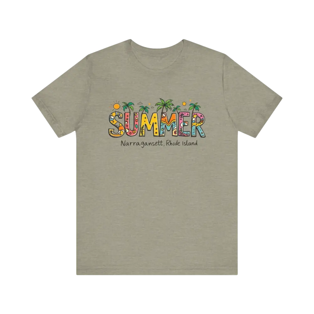 Khaki-colored t-shirt featuring Summer Narragansett, Rhode Island design