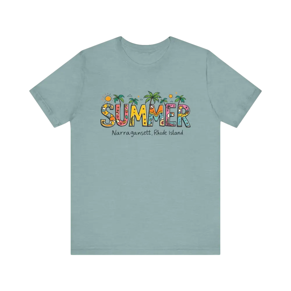 Light blue t-shirt featuring summer design from Summer Narragansett Rhode Island Collection